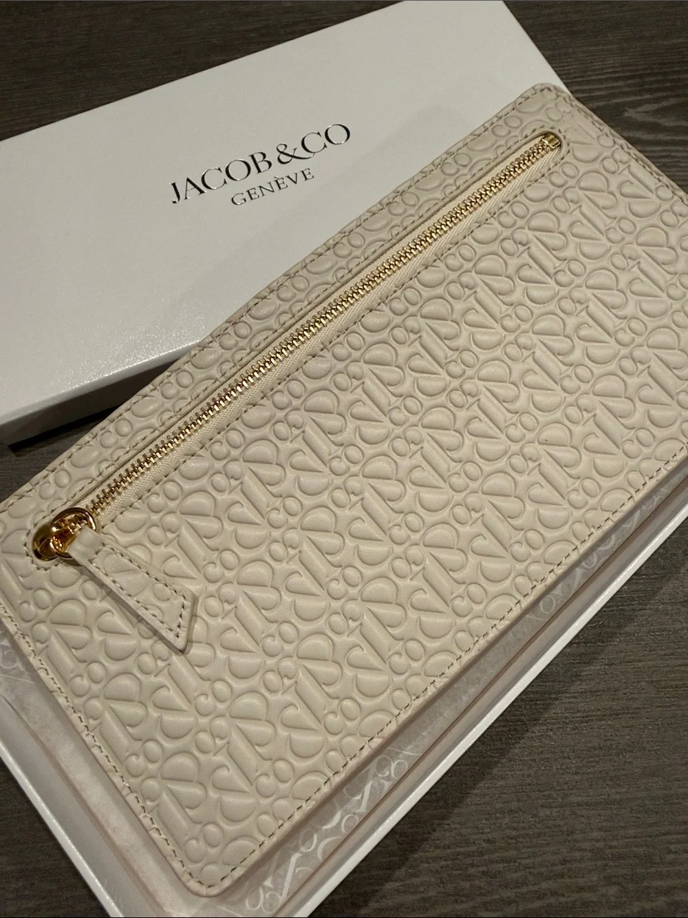 Jacob & Co Genève Women's Embossed purse organizer in Cream with Red Trim